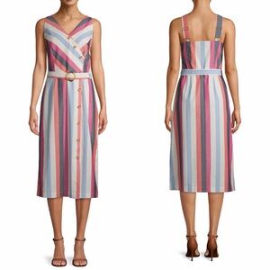 NWOT Time & Tru Multi Stripe Women's Button Dress Belted a-line midi M 8